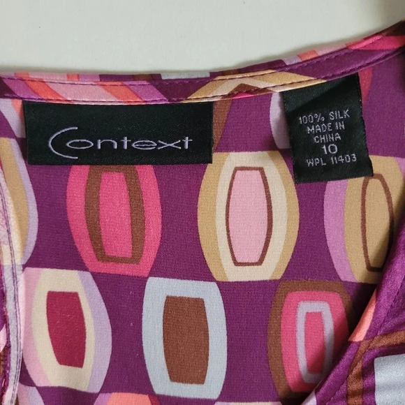 100% Silk dress retro psychedelic colorful ruffle trim romantic Geometric Sz 10 - Picture 5 of 8